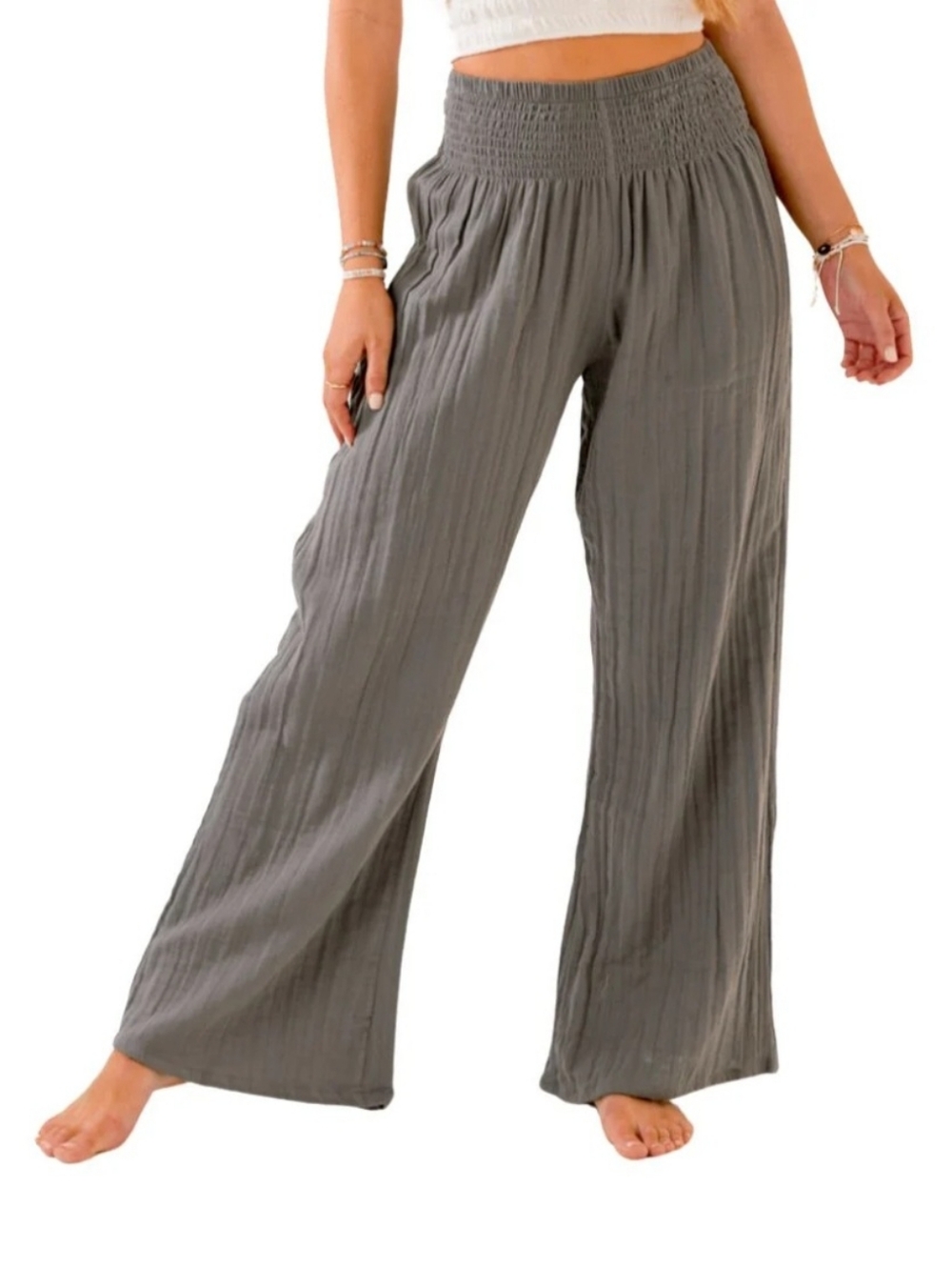 Wide Leg Smocked Waist Pants - Gray